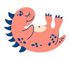 dinosauro simpatico cartone animato. piccolo dinosauro rosa è sdraiato sulla schiena. vettore