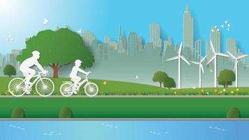 concetti di energia verde padre figlio andare in bicicletta nei parchi carta stile arte vettore