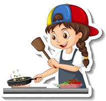 adesivo personaggio dei cartoni animati con ragazza chef che cucina vettore