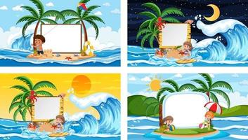 set di diverse scene di spiaggia tropicale con banner bianco vettore