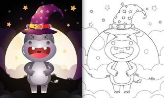 libro da colorare con un simpatico cartone animato halloween strega ippopotamo davanti alla luna vettore