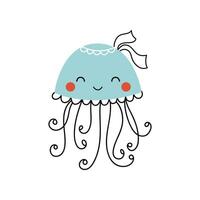 carino nuoto blu Medusa. cartone animato vettore illustrazione disegnato nel scarabocchio stile e isolato su bianca sfondo. bambino mare animale etichetta