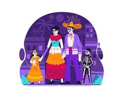 un' messicano famiglia vestito nel tradizionale messicano costumi a il giorno di il morto carnevale, un' tradizionale Halloween nel Messico, dia de los muertos vettore