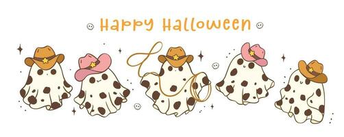 gruppo di Halloween cowboy fantasma carino kawaii cartone animato scarabocchio vettore illustrazione striscione. contento haloween