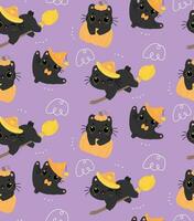 carino Halloween nero gatto cartone animato modello senza soluzione di continuità isolato su viola blackground vettore