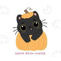 carino strega nero gatto Halloween su zucca cartone animato. malizioso gattino animale illustrazione. vettore