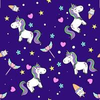 carino cartone animato unicorno decorativo elemento su viola sfondo stile per figli, figli di tessuto modelli, sfondo, regalo involucro carta vettore