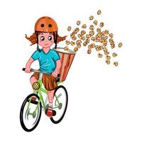 ragazza su un' bicicletta con Popcorn. vettore illustrazione su un' figli di tema. design elemento per saluto carte, inviti, manifesti, striscioni, libro illustrazioni.