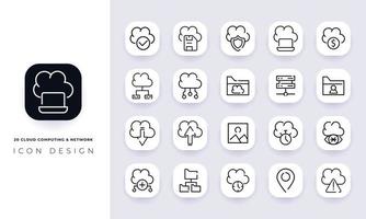 line art cloud computing incompleto e icon pack di rete. vettore