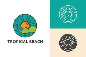 linea arte tropicale spiaggia emblema logo design con un' palma albero montagna sole mare oceano e isola vettore