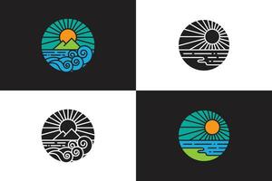 spiaggia icona logo, sole e mare di marea onde, piatto design con silhouette variazioni vettore