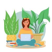 ragazza attraente che si siede con il computer portatile vicino a libri, piante e tazza con illustrazione brillante di vettore di bevanda calda. istruzione, crescita personale, concetto di freelance. in stile piatto.