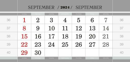 settembre 2024 trimestrale calendario bloccare. parete calendario nel inglese, settimana inizia a partire dal domenica. vettore