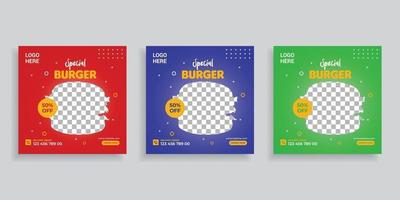 design del modello di post sui social media di hamburger di cibo vettore