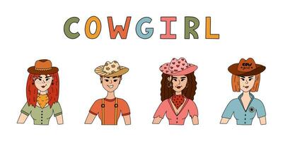 impostato con cowgirl indossare cappello, bandana, maglietta e stella orecchini. carino ritratto di mucca ragazza, selvaggio ovest tema. vettore scarabocchio con mano disegnato schema occidentale femmina personaggio per Stampa disegno, manifesto.