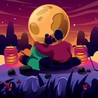 una coppia che si gode la luce della luna di metà autunno vettore