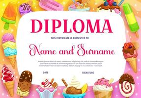 bambini diploma, cartone animato coppa di gelato, ghiaccio crema cioccolato vettore