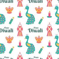 contento Diwali senza soluzione di continuità modello illustrazione design con leggero Festival di India ornamento nel cartone animato mano disegnato modello vettore