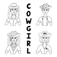 impostato con cowgirl indossare cappello, bandana, maglietta e stella orecchini. carino ritratto di mucca ragazza, selvaggio ovest tema. vettore scarabocchio con mano disegnato schema occidentale femmina personaggio per Stampa disegno, manifesto.