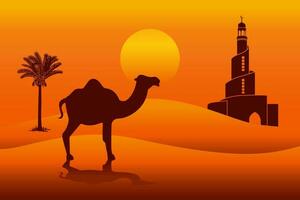 cammello e moschea silhouette con deserto tramonto sfondo vettore illustrazione