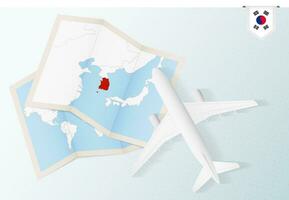 viaggio per Sud Corea, superiore Visualizza aereo con carta geografica e bandiera di Sud Corea. vettore
