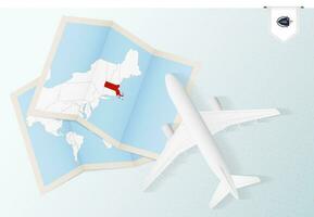 viaggio per Massachusetts, superiore Visualizza aereo con carta geografica e bandiera di Massachusetts. vettore