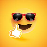 Emoticon realistico con occhiali da sole e pollici in su, illustrazione vettoriale