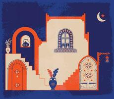 astratto architettura manifesti semplice geometrico. marocchino contemporaneo astratto geometrico. islamico arabo orientale stile finestre, porte, le scale e archi manifesto impostato medio secolo vettore Immagine.