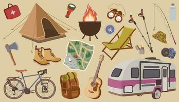 gita attrezzatura. estate vacanza Oggetti. turismo concetto. escursioni a piedi e campeggio collezione vettore
