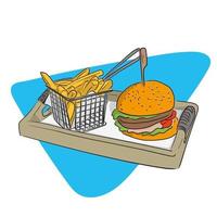 fast food hamburger e patatine fritte nel cesto su un piatto di legno vettore