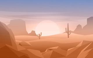 illustrazione del tramonto nel deserto con cactus e canyon vettore