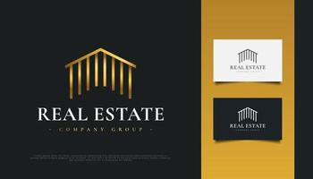 design del logo immobiliare di lusso in oro con stile di linea vettore