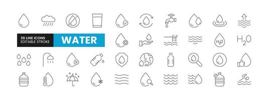 impostato di 36 acqua relazionato linea icone impostare. acqua schema icone con modificabile ictus collezione. include acqua bottiglie, pulizia, acqua far cadere, piovere, purificato acqua e di più. vettore