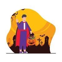 Halloween vettore illustrazione. cartone animato uomo vestito come un' dracula nel il cimitero.