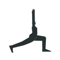 vettore isolato illustrazione con piatto nero silhouette di femmina carattere. allegro donna impara rafforzamento yoga postura. fitness esercizio - mezzaluna posa alto affondo. minimalista design