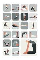 vettore illustrazione impostato per etichetta imballare con yoga pose. piatto monocromatico collezione su verticale a4 manifesto con asiatico, africano e caucasico donne fabbricazione sport esercizi piace asana, allungamento