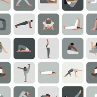 vettore senza soluzione di continuità modello yoga pose. piatto monocromatico illustrato collezione su piazza forma con asiatico, africano americano e caucasico donne fabbricazione sport esercizi piace asana, allungamento formazione