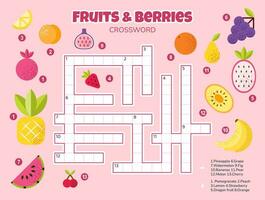 cruciverba puzzle per bambini. semplice quiz con frutta e frutti di bosco per bambini. educativo attività. inglese linguaggio. orizzontale cartone animato cruciverba con Rispondere. vettore illustrazione.