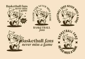 pallacanestro fan, mai Perdere un' gioco. portafortuna personaggio illustrazione di pallacanestro palla Tenere un' triangolo bandiera vettore