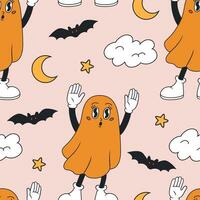 Groovy Halloween senza soluzione di continuità modello con comico fantasma e pipistrello. vettore piatto illustrazione.