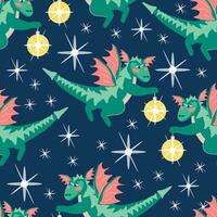 senza soluzione di continuità modello di verde alato draghi volante tra il stelle con brillante Natale palle. vettore cartone animato illustrazione di blu nuovo anno sfondo con 2024 simbolo per confezione, sfondo