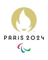 ufficiale logo di olimpico Giochi 2024 nel Parigi, Francia. formale simbolo di estate Olimpiadi Giochi - anelli con d'oro fuoco. vettore illustrazione isolato su bianca sfondo