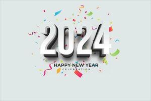 contento nuovo anno 2024. bianca 3d numeri con colorato coriandoli e bianca stile su elegante sfondo vettore