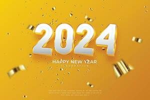 contento nuovo anno 2024. bianca oro 3d numeri con oro coriandoli e bianca stile su giallo sfondo vettore