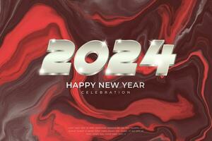 contento nuovo anno 2024 celebrazione con unico numero e rosso liquido sfondo. vettore