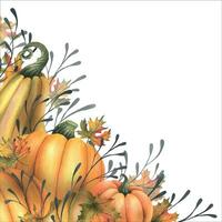 arancia autunno zucche con acero le foglie e ramoscelli. acquerello illustrazione, mano disegnato. telaio, modello, tavola su un' bianca sfondo. vettore