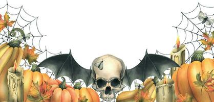 umano cranio con pipistrello Ali, arancia zucche, ragnatele, candele e autunno acero le foglie. mano disegnato acquerello illustrazione per Halloween. telaio, modello su bianca sfondo vettore