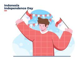 17 agosto felice festa dell'indipendenza dell'indonesia con un personaggio giovane young vettore