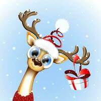 carino divertente cartone animato sorridente cervo personaggio avvicinamento con corna vettore