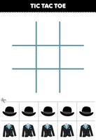 formazione scolastica gioco per bambini tic tac dito del piede impostato con carino cartone animato Derby cappello e smoking completo da uomo immagine stampabile indossabile Abiti foglio di lavoro vettore